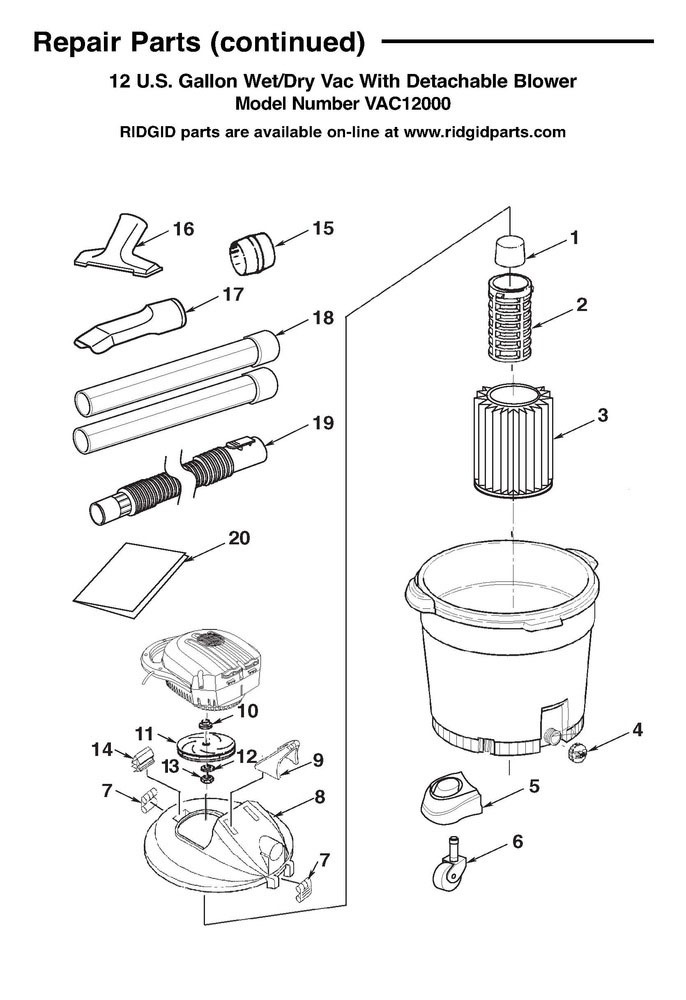 Parts  12 Gallon Wet/Dry Vac With Detachable Blower