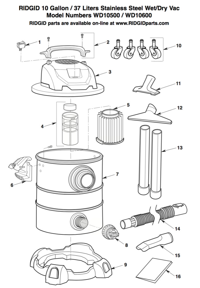 Parts, 10 Gallon Stainless Steel Wet Dry Vac