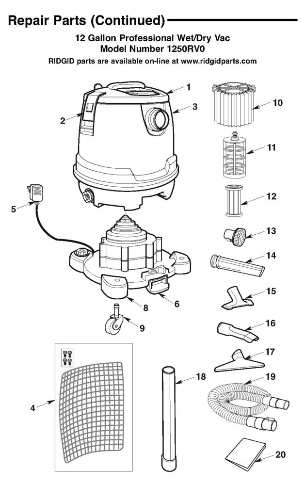 Parts, 12 Gallon Motor-On-Bottom Wet/Dry Shop Vac