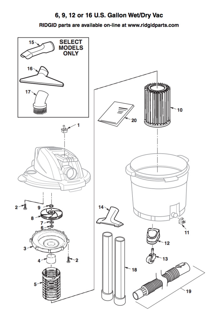 Parts, 16 gal. 5.0-Peak HP Wet Dry Vac