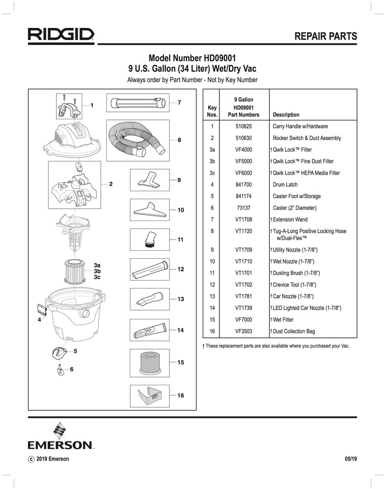 Parts, 9 Gallon Wet/Dry Vac