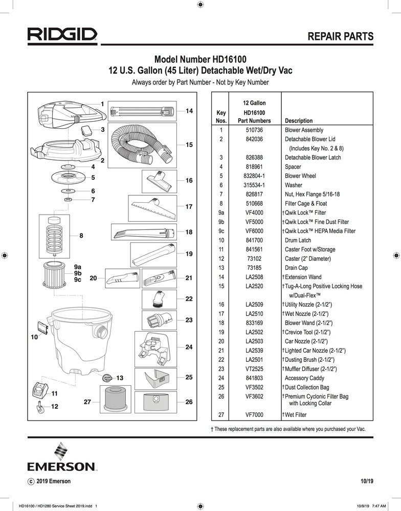 Parts | 12 Gal. 6.0-Peak HP NXT Wet/Dry Vac | RIDGID Store